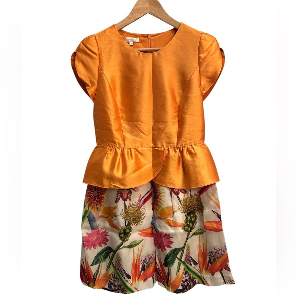 Obbligato Silk Dress with Bright Orange Peplum Top with Floral Print Skirt